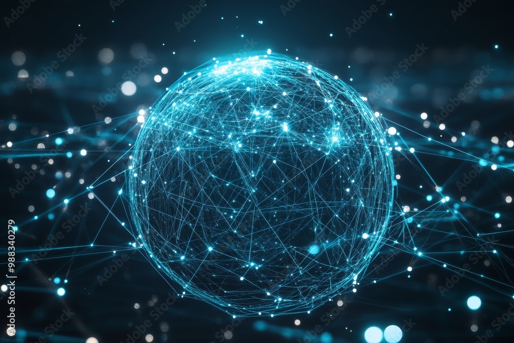 3D abstract digital background with round icons surrounded by glowing connections