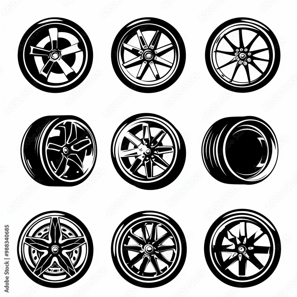 Car wheels icon, tire silhouettes, graffiti spray rim symbol, auto wheels sign, car tyre pictograms Car wheels icon, tire silhouettes, graffiti spray rim symbol, auto wheels sign, car tyre pictograms