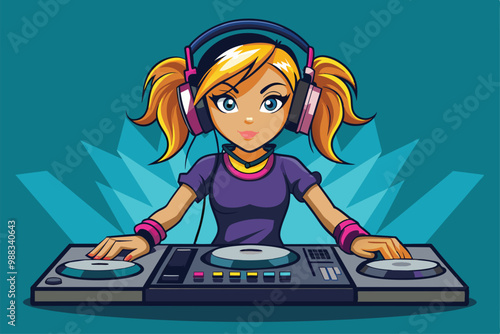 A girl DJ skillfully mixes music at a lively party, showcasing her talent with colorful equipment and a dynamic atmosphere.