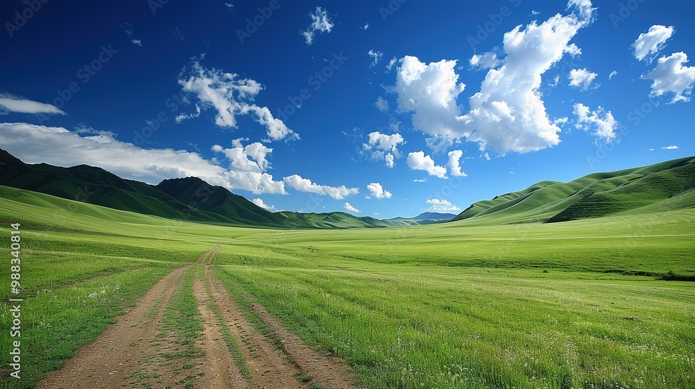 A glorious display of beautiful scenery with natural beauty and expansive grasslands. The grasslands are a vivid green, stretching as far as the eye can see. There are wildflowers dotting the landscap A glorious display of beautiful scenery with natural beauty and expansive grasslands. The grasslands are a vivid green, stretching as far as the eye can see. There are wildflowers dotting the landscap