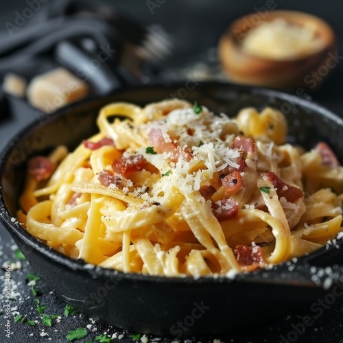 Pasta Carbonara in a Cast Iron Pot, Italian Spaghetti, Fettuccine, Tagliatelle or Alfredo on Black