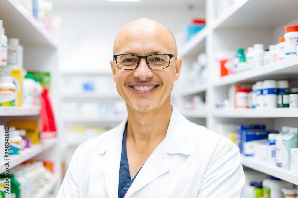 Smiling Pharmacist in a Pharmacy.generative AI Smiling Pharmacist in a Pharmacy.generative AI
