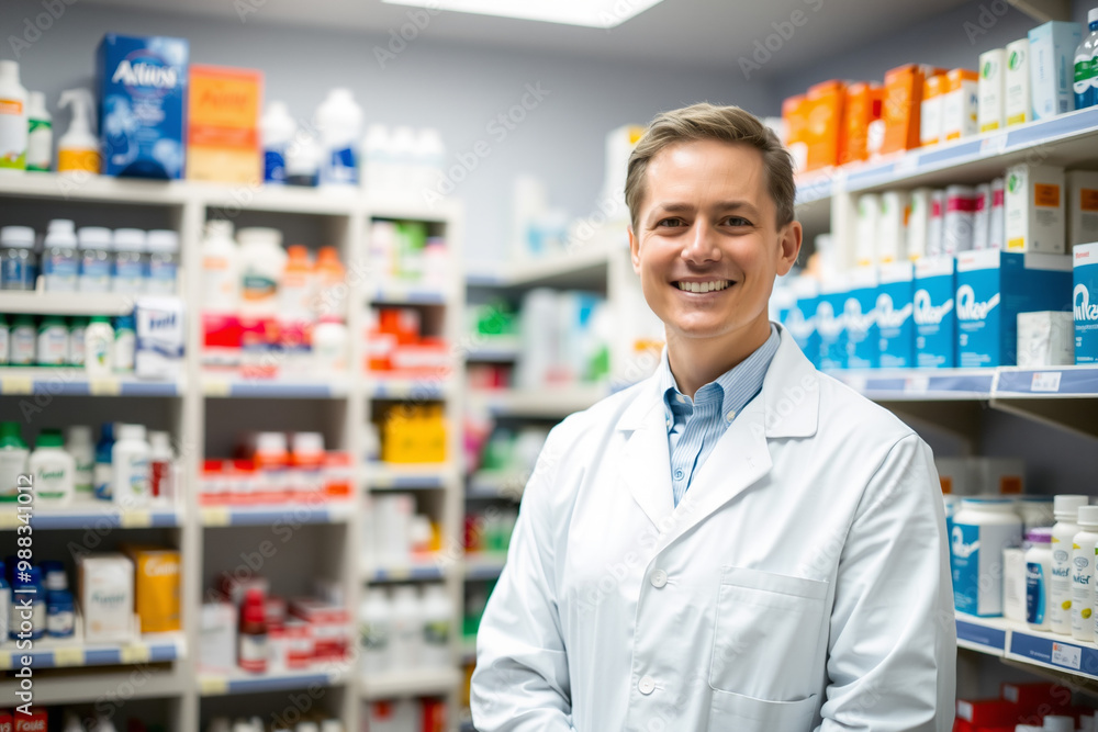 Smiling Pharmacist in a Pharmacy.generative AI Smiling Pharmacist in a Pharmacy.generative AI