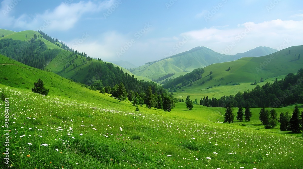 A glorious display of beautiful scenery with natural beauty and expansive grasslands. The grasslands are a vivid green, stretching as far as the eye can see. There are wildflowers dotting the landscap A glorious display of beautiful scenery with natural beauty and expansive grasslands. The grasslands are a vivid green, stretching as far as the eye can see. There are wildflowers dotting the landscap