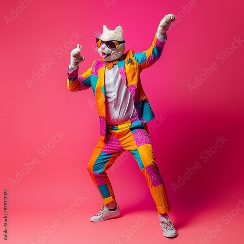 Freak in cat mask dancing, masquerade, absurd carnival, having fun in costume party, weird mask head