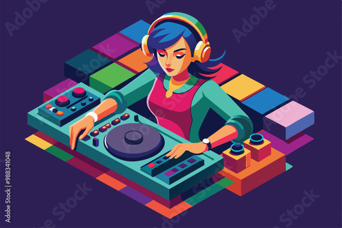 A DJ girl in a colorful setting skillfully mixes tracks, captivating the audience with her energetic performance under evening lights.