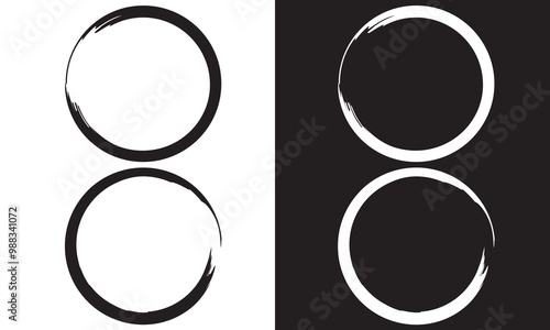 Grunge circles brush set. Black and white circle frames. Round line of black paint. Grunge round shapes. Circular ink brush stroke fro design elements. Isolated on white and black background. EPS 10. 