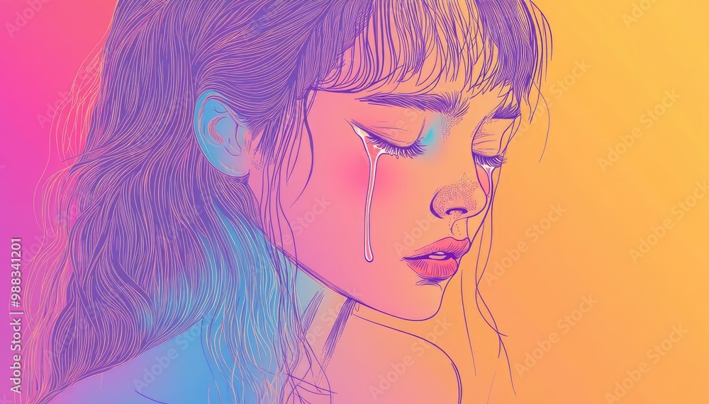 Line art illustration featuring a cold gradient of a cartoon woman in tears Line art illustration featuring a cold gradient of a cartoon woman in tears