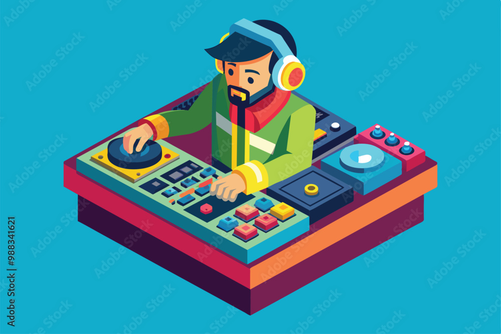 Fototapeta premium A DJ focused intensely, adjusting controls on his mixing deck while wearing headphones in a bright and colorful studio environment.