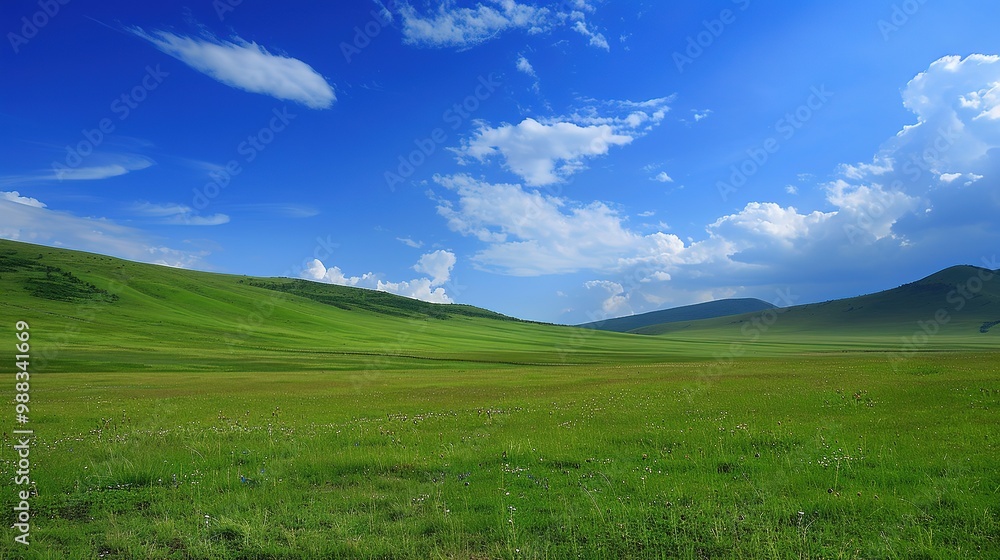 A glorious display of beautiful scenery with natural beauty and expansive grasslands. The grasslands are a vivid green, stretching as far as the eye can see. There are wildflowers dotting the landscap A glorious display of beautiful scenery with natural beauty and expansive grasslands. The grasslands are a vivid green, stretching as far as the eye can see. There are wildflowers dotting the landscap