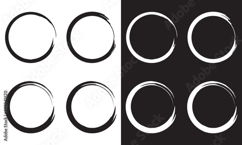 Grunge circles brush set. Black and white circle frames. Round line of black paint. Grunge round shapes. Circular ink brush stroke fro design elements. Isolated on white and black background. EPS 10. 