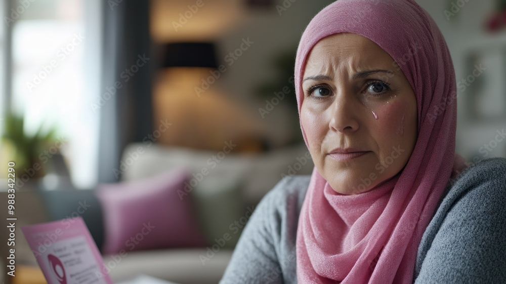 A woman in a pink hijab expresses concern while reading a document. A woman in a pink hijab expresses concern while reading a document.