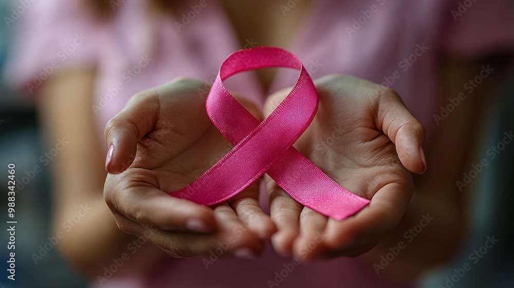 Hands holding a pink ribbon symbolizing breast cancer awareness. Hands holding a pink ribbon symbolizing breast cancer awareness.
