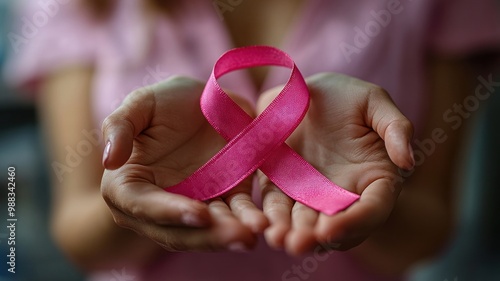 Hands holding a pink ribbon symbolizing breast cancer awareness.