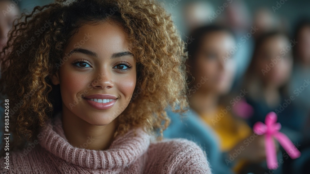 A smiling woman in a crowd, engaged and supportive atmosphere. A smiling woman in a crowd, engaged and supportive atmosphere.