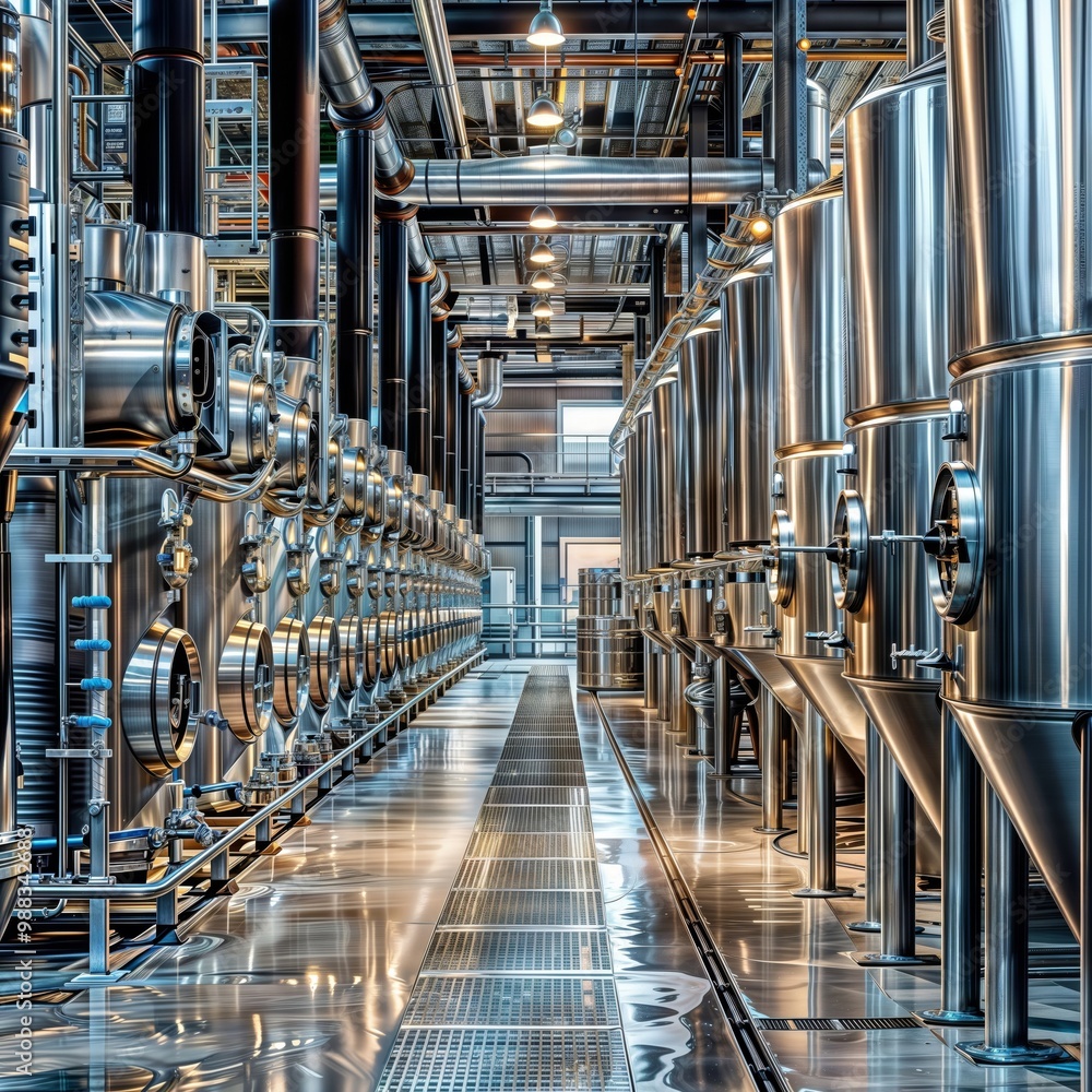 Industrial Brewing. Stainless steel fermentation tanks and piping in a modern brewery facility with bright lighting and reflective surfaces. Industrial Brewing. Stainless steel fermentation tanks and piping in a modern brewery facility with bright lighting and reflective surfaces.