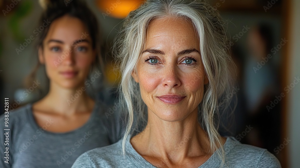Fototapeta premium active senior woman after workout training with adult daughter indoors at home looking at camera