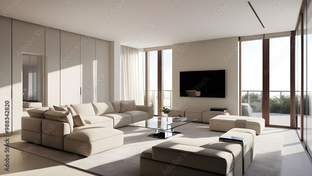 /imagine: A sleek living room with neutral tones, featuring a plush L-shaped sofa, a glass coffee table, and a wall-mounted flat-screen TV, bathed in natural sunlight from large floor-to-ceiling windo /imagine: A sleek living room with neutral tones, featuring a plush L-shaped sofa, a glass coffee table, and a wall-mounted flat-screen TV, bathed in natural sunlight from large floor-to-ceiling windo