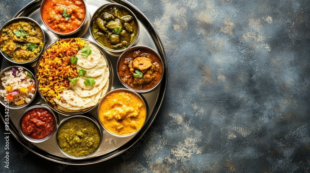 A complete Indian thali meal with various dishes and pickles, top view, and ample copy space A complete Indian thali meal with various dishes and pickles, top view, and ample copy space