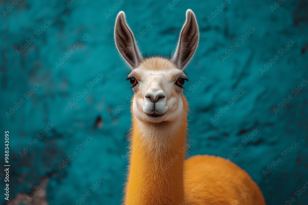 Obraz premium White llama with a blue background. The llama has a pink nose and is looking at the camera. Llama in a solid colour background copy space