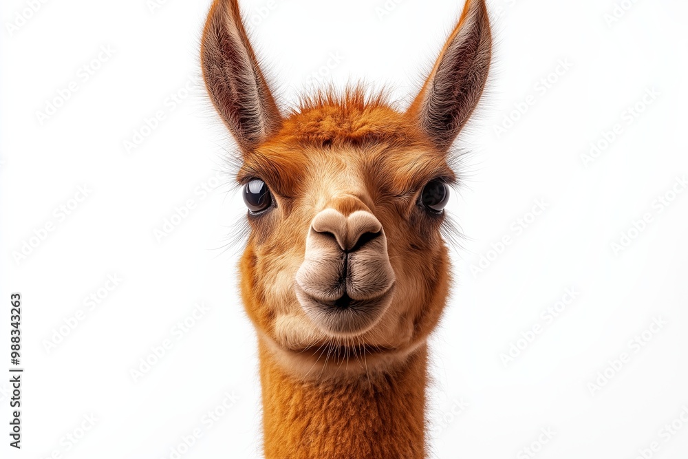 Obraz premium Brown and white llama with a big smile. It has a long neck and a long tail. Llama whit copy space
