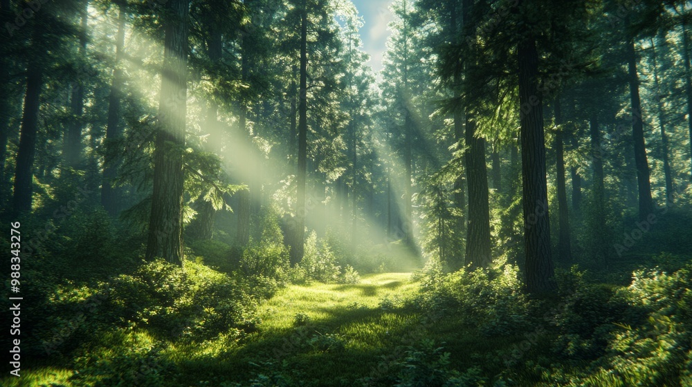 Obraz premium Realistic forest landscape with rays of sunlight shining through the trees,