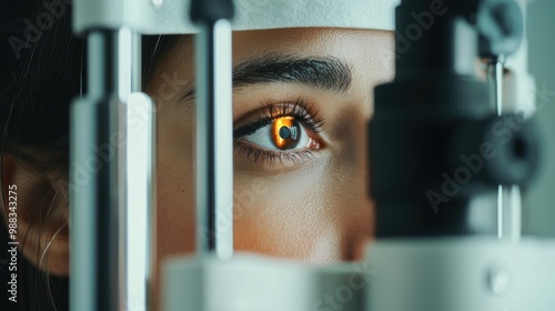 an optometrist examining a patient's eyes with specialized optical equipment.