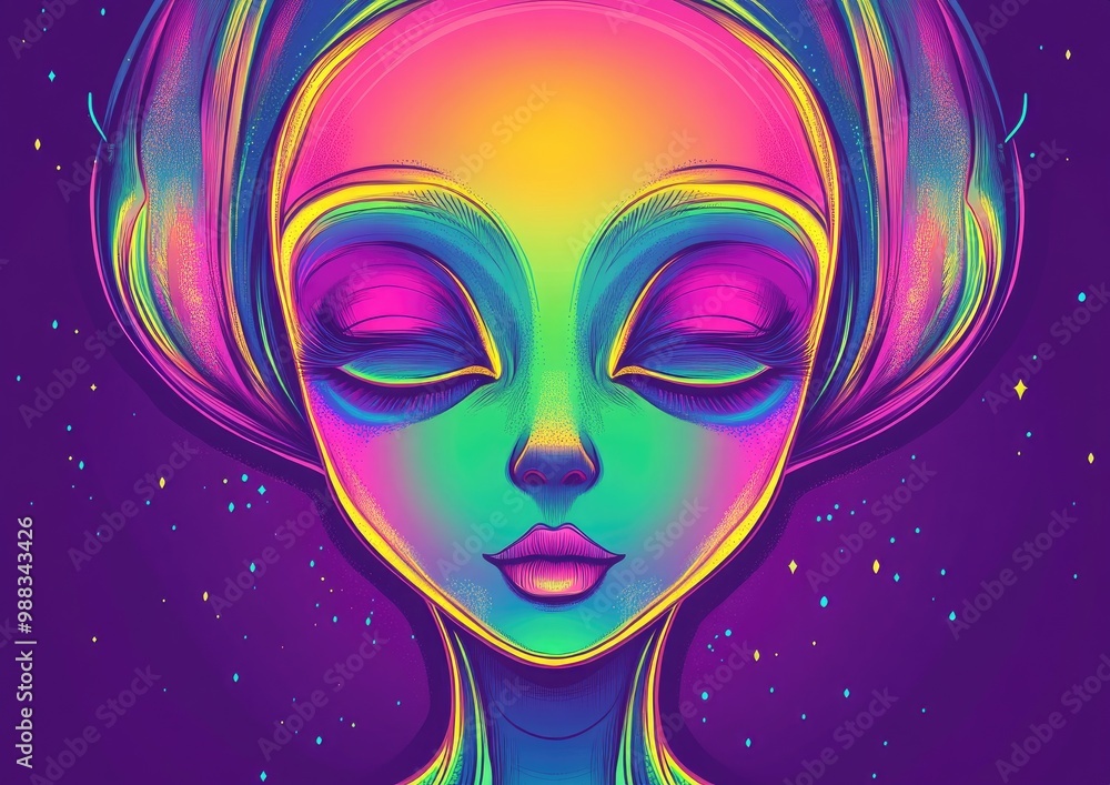 Line art illustration featuring a colorful gradient design of a charming alien girl in a cartoon style Line art illustration featuring a colorful gradient design of a charming alien girl in a cartoon style