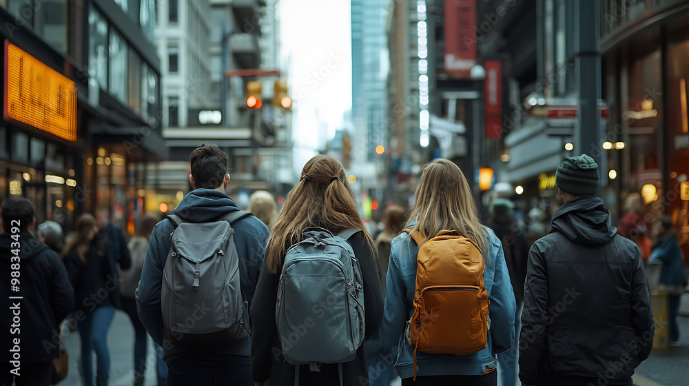 A group of friends walking down a busy urban street. A group of friends walking down a busy urban street.