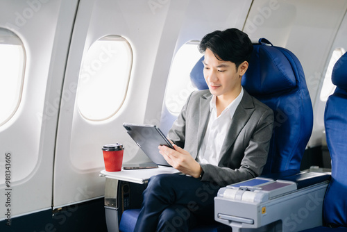 Young Asian executive excels in first class, multitasking with digital tablet, laptop and smartphone. photo