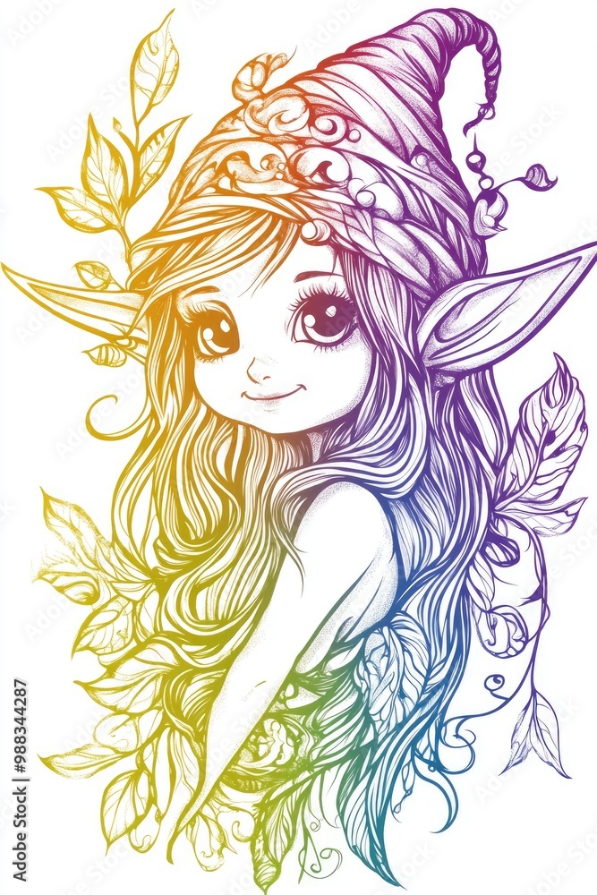 Line art illustration featuring a rainbow gradient design of a cheerful cartoon elf girl Line art illustration featuring a rainbow gradient design of a cheerful cartoon elf girl