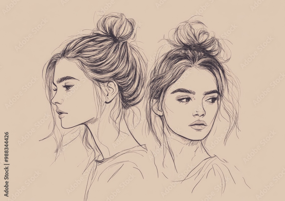 Charming line art illustration of girls with hair styled in a bun featuring a simplistic sketch design Charming line art illustration of girls with hair styled in a bun featuring a simplistic sketch design