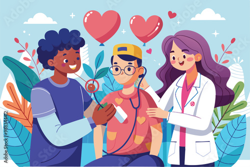 A doctor and a nurse are attentively checking a young patient's heart health in a colorful medical environment, ensuring he feels comfortable and cared for.