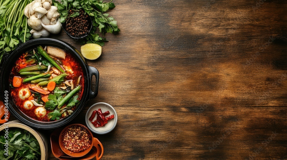 A top view of a Chinese hot pot set with various ingredients, leaving room for copy text. A top view of a Chinese hot pot set with various ingredients, leaving room for copy text.