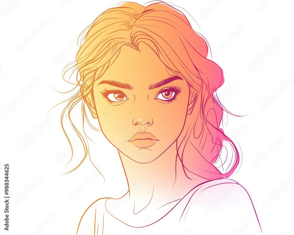 Line art illustration featuring a warm gradient drawing of a cartoon woman with an indifferent expression Line art illustration featuring a warm gradient drawing of a cartoon woman with an indifferent expression