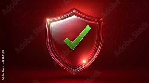 Protection. Healthcare. Insurance. Cyber security. Network safety. Protection shield with green Check mark icon inside transparent sphere shield with hexagon pattern on red background. Vector illustra
