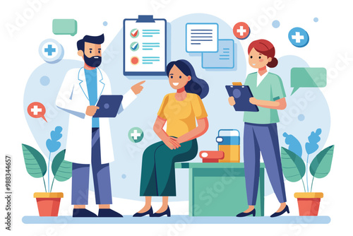 A doctor and nurse present a patient infographic to a woman sitting in a medical office, emphasizing important health information and guidance.