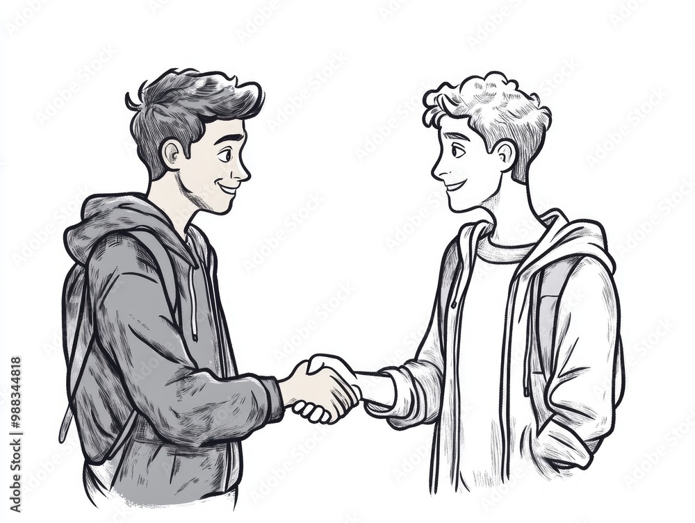 Two friends exchange handshakes and express apologies in a line art style Two friends exchange handshakes and express apologies in a line art style