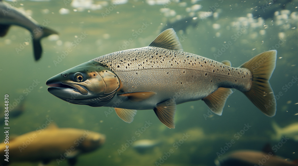 Salmon swimming on the surface of fish farm. fish. Illustrations
