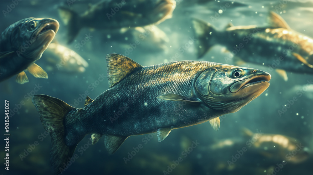 Salmon swimming on the surface of fish farm. fish. Illustrations
Salmon swimming on the surface of fish farm. fish. Illustrations