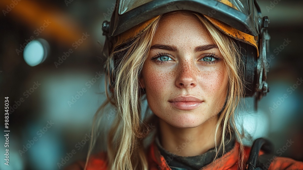 beautiful blonde woman works as welder in workshop drinking water from glass wearing protective clothing, welding mask beautiful blonde woman works as welder in workshop drinking water from glass wearing protective clothing, welding mask