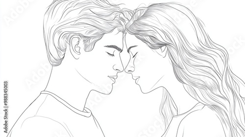 Line art illustration of a couple standing close together touching noses with the man gently holding his partner s hand