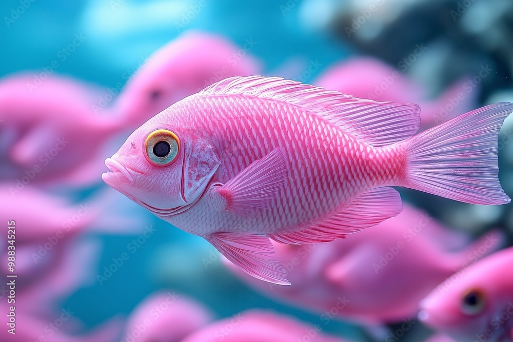 Pink fish is swimming in a tank with other fish. The fish is the only