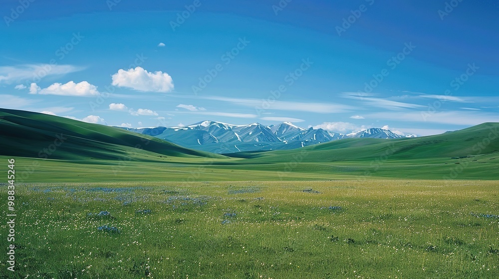 A glorious display of beautiful scenery with natural beauty and expansive grasslands. The grasslands are a vivid green, stretching as far as the eye can see. There are wildflowers dotting the landscap A glorious display of beautiful scenery with natural beauty and expansive grasslands. The grasslands are a vivid green, stretching as far as the eye can see. There are wildflowers dotting the landscap