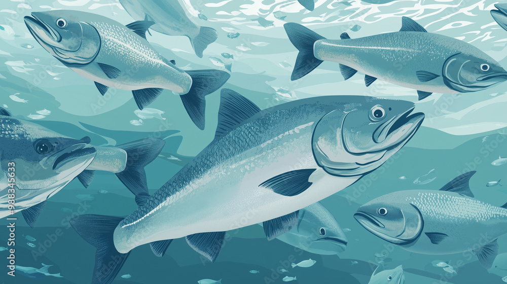 Obraz premium Salmon swimming on the surface of fish farm. fish. Illustrations 