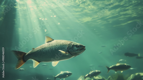 Salmon swimming on the surface of fish farm. fish. Illustrations 