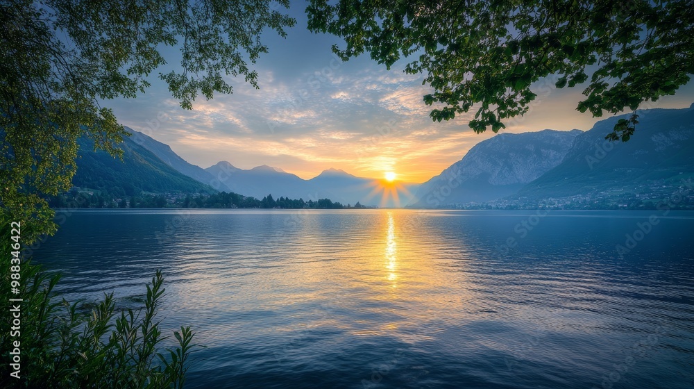 Serene sunrise over waterfront with mountain backdrop, a breathtaking sight at viewpoints and during travels. Serene sunrise over waterfront with mountain backdrop, a breathtaking sight at viewpoints and during travels.