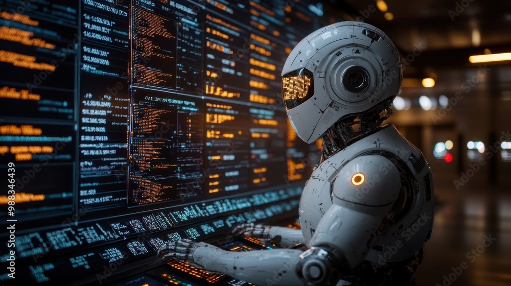 Illustration of a virtual robot in a stock trading area controlled by a robot under modern technology system. Technology of the future. Illustration of a virtual robot in a stock trading area controlled by a robot under modern technology system. Technology of the future.
