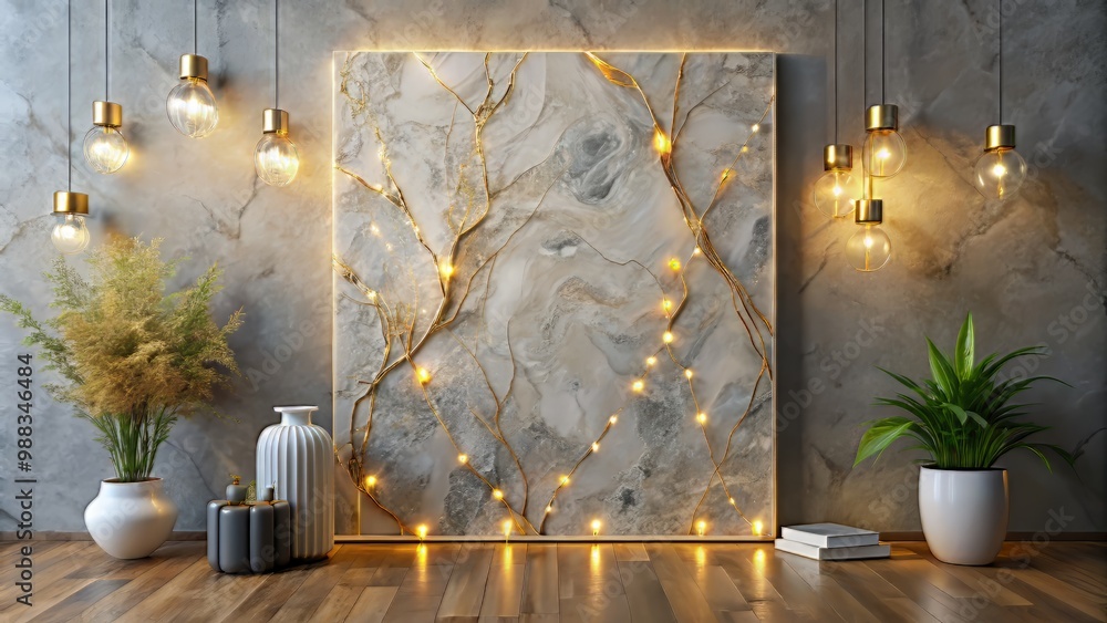 Golden resin bursts forth from 3D marble textures against a soft gray canvas illuminated by peaceful ambient light to form a captivating contemporary design. Golden resin bursts forth from 3D marble textures against a soft gray canvas illuminated by peaceful ambient light to form a captivating contemporary design.