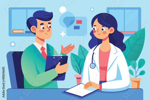 A doctor discusses patient care with a colleague in a bright medical office filled with plants and office supplies.